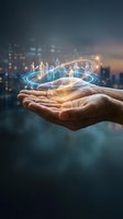 Hands holding a glowing holographic network of people connected by digital lines, symbolizing teamwork, community, and global communication technology.