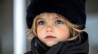 Young blonde girl with blue eyes wearing black knit beanie and dark jacket looking directly at camera with serious expression in winter portrait.