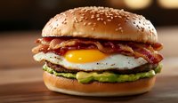 Gourmet breakfast burger with crispy bacon strips, sunny side up egg, and fresh mashed avocado on toasted sesame seed bun, photographed on wooden surface.