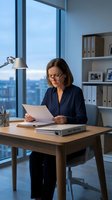 Professional middle-aged Caucasian businesswoman reading documents at modern office desk with city view. Corporate executive reviewing paperwork in contemporary workspace.