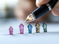 Hand holding fountain pen over colorful sketched arrows pointing upward on white paper, representing business growth, progress and creative planning strategy.