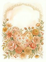 Vintage floral heart frame with roses and peonies in warm autumn colors on cream background for wedding invitations and romantic greeting cards.
