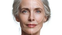 Before and after comparison of mature woman's face showing anti-aging skincare results with facial contour lines highlighting treatment areas.