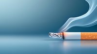 Burning cigarette with rising smoke trail against blue background, dramatic lighting highlights toxic smoke tendrils in minimalist composition for anti-smoking campaign.
