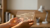 Hands holding transparent glass tablet displaying glowing circuit board pattern in modern office workspace for technology and innovation concepts.