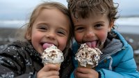 Happy Caucasian boy and girl enjoying ice cream cones with chocolate sprinkles at beach on cloudy day, showcasing childhood joy and friendship.