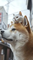 White Persian cat sitting on top of Akita Inu dog's head, both pets looking up with curious expressions in urban setting. Perfect for pet care advertising.
