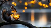 Gray squirrel holding glowing heart-shaped light on tree branch at dusk with bokeh lights in background creating magical winter atmosphere.
