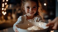 Young Caucasian girl with curly hair smiling while sharing popcorn in dark room with bokeh lights, creating cozy atmosphere during family movie night or celebration.