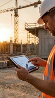 Construction worker using digital tablet with blueprints at building site during golden hour sunset. Professional contractor reviewing plans on mobile device.