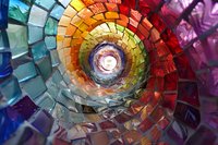 Colorful spiral mosaic tunnel with vibrant glass tiles in rainbow spectrum from blue to red, creating dynamic perspective and depth effect. Artistic architectural detail.