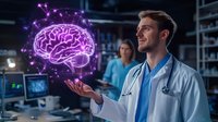 Male doctor in lab coat examining glowing purple holographic brain projection in modern medical facility with female colleague in background. Advanced neurology research concept.