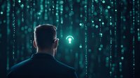 Man looking at glowing question mark symbol against digital matrix background with falling data code streams in cyan color, representing technology uncertainty.