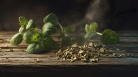 Fresh oregano sprigs and dried herbs on rustic wooden surface with dramatic lighting, perfect for culinary and food photography.