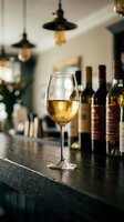 Glass of white wine on wooden bar counter with bottles and warm pendant lighting in cozy restaurant interior for hospitality and dining concepts.
