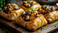 Flaky golden croissants filled with savory mushroom and herb mixture on wooden board, garnished with fresh chives for gourmet breakfast or brunch.