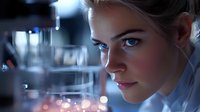 Young blonde woman with blue eyes in profile view against blurred bokeh background, dramatic lighting creates mysterious atmospheric portrait.
