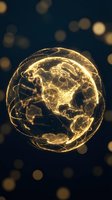Golden holographic Earth globe with glowing network connections and bokeh lights background for technology and global communication concepts.
