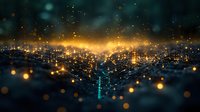 Glowing city skyline at night with magical bokeh lights and golden particles floating in dark atmosphere, creating dreamy urban landscape view.