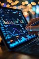 Financial analyst using stylus on tablet with stock market charts and graphs against blurred bokeh lights in evening trading environment.