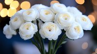 White ranunculus flowers against blurred bokeh lights background create romantic mood with soft petals and dreamy atmosphere. Suitable for wedding designs.