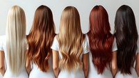 Women with different hair colors from platinum blonde to black standing in row showing long straight and wavy hairstyles, back view, wearing white tops.