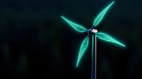 Glowing turquoise wind turbine with luminescent blades against dark background creates futuristic sustainable energy concept for environmental design.