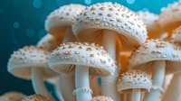 White spotted mushrooms with delicate patterns growing in cluster against blurred turquoise background, macro nature photography showing fine details and textures.