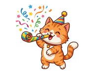 Cheerful orange tabby cat wearing party hat blowing noisemaker with colorful confetti and stars bursting around it. Isolated clipart for celebrations, invitations, greeting cards, and festive designs.