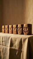 Seven wooden carved blocks displaying a range of emotions from sad to joyful, arranged in a row on linen fabric in warm tones.