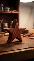 Handcrafted wooden star decoration on rustic workbench in artisan workshop with warm lighting and woodworking tools in background for home decor projects.
