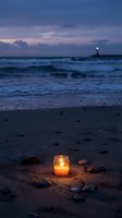 Glowing candle on sandy beach at twilight with ocean waves and lighthouse in distance creating peaceful evening atmosphere for relaxation and meditation.