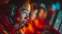 Young Asian female gamer with headset in dramatic red and blue lighting, focused on competitive esports tournament environment.