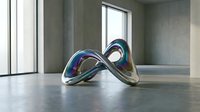 Modern abstract metallic sculpture with flowing curved forms in blue and silver tones on polished concrete floor in minimalist gallery space, suitable for contemporary art, interior design, and architectural visualization projects.