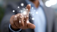 Professional touching digital network interface with glowing nodes and connections, demonstrating future technology and digital transformation in business environment.