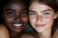Two young women with different ethnicities smiling at camera, one with dark skin and brown eyes, one with fair skin, freckles and blue eyes, representing diversity and friendship.