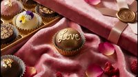 Luxury chocolate box with love inscription truffle, rose petals, and elegant gift packaging on pink velvet fabric for Valentine's Day.