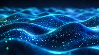 Abstract blue glowing waves with particles and bokeh effects on dark background create futuristic digital landscape for technology and science designs.