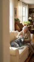 Senior Caucasian woman in cozy sweater relaxing with gray dog on comfortable armchair in warm sunlit living room with plants and books for pet companionship content.