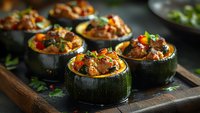 Stuffed round zucchini with meat, vegetables and herbs served on wooden board. Dark moody food photography with selective focus and natural lighting.