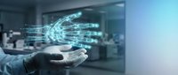 Businessman holding holographic digital hand projection in modern office environment showcasing futuristic technology and artificial intelligence concepts.