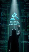 Hacker in dark hoodie reaching toward glowing neon gavel and control authority text surrounded by digital code matrix. Cybersecurity and digital crime concept for tech backgrounds.