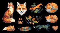Watercolor fox illustrations set with sitting, jumping, and sleeping poses, paw prints, feathers, botanical elements, and heart shape, isolated on transparent background for t-shirt design, clipart, stickers, sublimation, and print-on-demand projects.