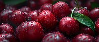 Fresh ripe cherries with water drops and green leaves in dark moody lighting, macro food photography for restaurant menu or cookbook design.