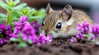 Curious gerbil peeking through vibrant purple flowers in garden setting, close-up view showing detailed fur texture and bright blue eyes against natural soil background.