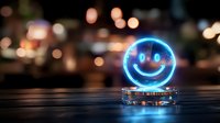 Glowing blue neon smiley face hologram floating above reflective surface with blurred bokeh lights in dark background, modern digital art concept.