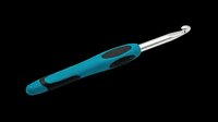 Electric crochet hook with turquoise and black ergonomic handle, isolated on transparent background. Ready for crafting tutorials, product design, and print-on-demand merchandise.
