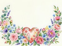 Watercolor floral frame with a heart surrounded by roses, peonies, and wildflowers on a light background, perfect for greeting cards and invitations.