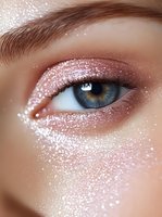 Close-up of blue eye with shimmering pink glitter makeup and sparkles on skin. Professional beauty and cosmetics photography showing detailed eyeshadow application.