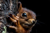 Close up portrait of red squirrel peeking from tree hollow with bright eye and detailed fur texture against dark background, showing curious expression.